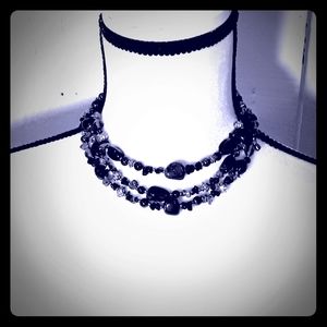 Choker tri strand necklace w/glass & metal beads
